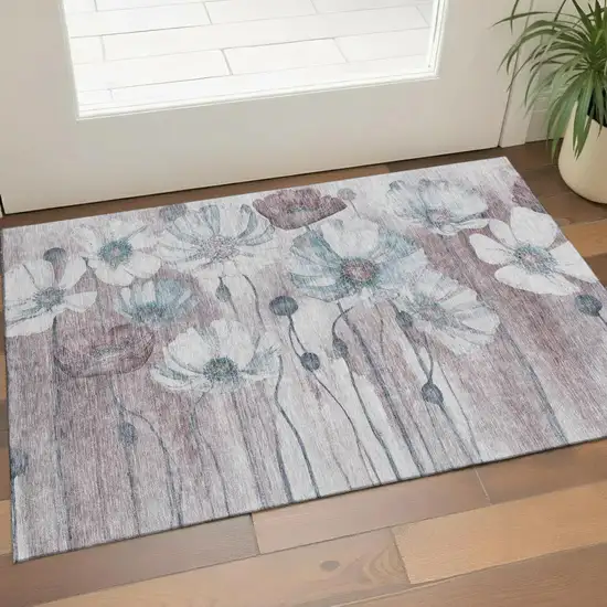 Teal Mauve And Ivory Floral Washable Area Rug With UV Protection Photo 1