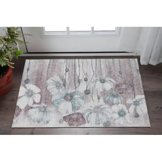 Teal Mauve And Ivory Floral Washable Area Rug With UV Protection Photo 2
