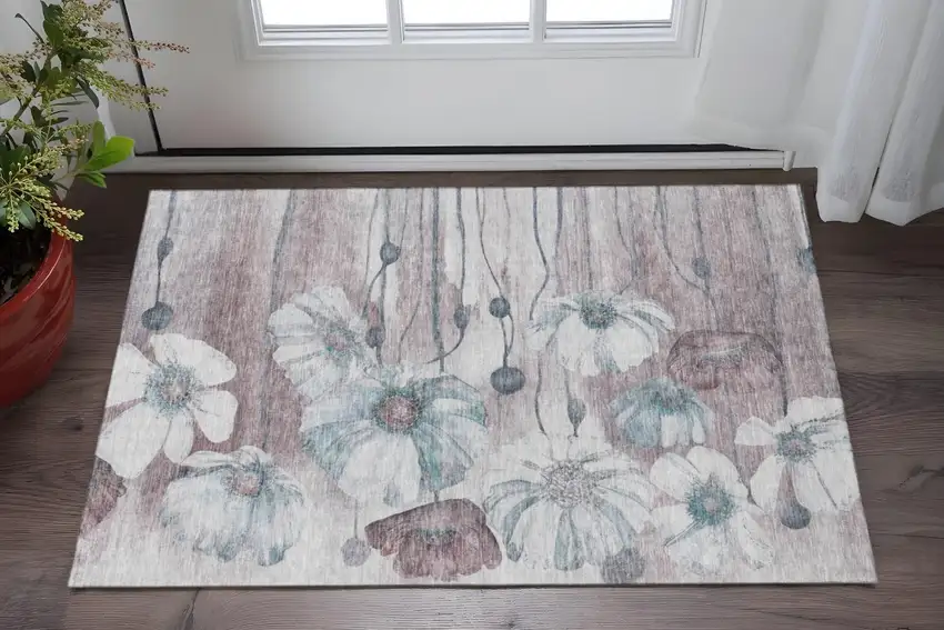 Teal Mauve And Ivory Floral Washable Area Rug With UV Protection Photo 2