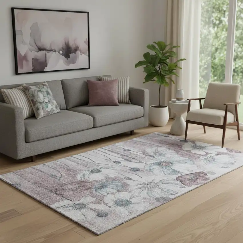 Teal Mauve And Ivory Floral Washable Area Rug With UV Protection Photo 1