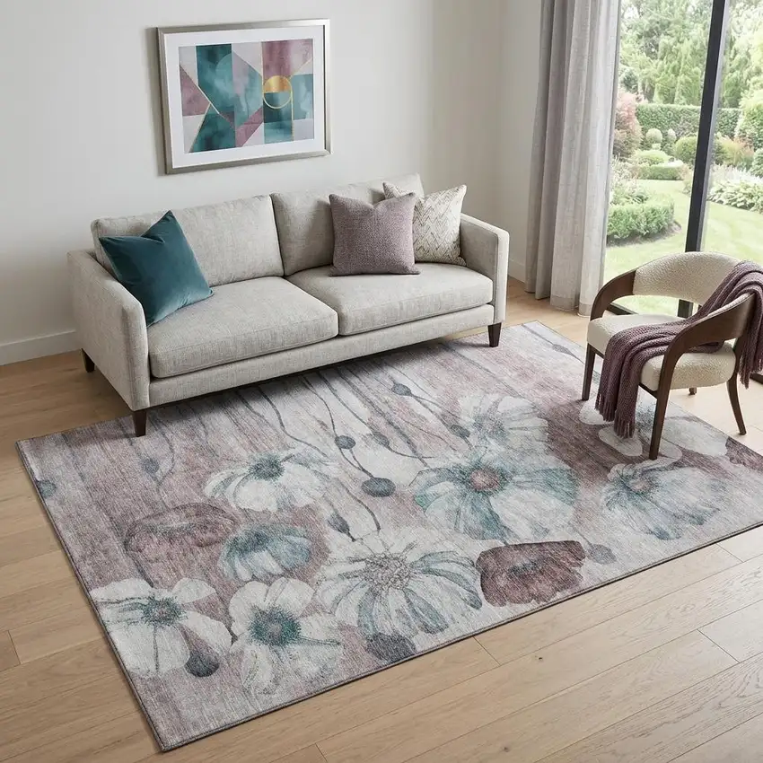 Teal Mauve And Ivory Floral Washable Area Rug With UV Protection Photo 1