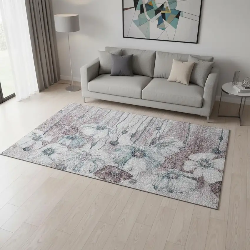 Teal Mauve And Ivory Floral Washable Area Rug With UV Protection Photo 1