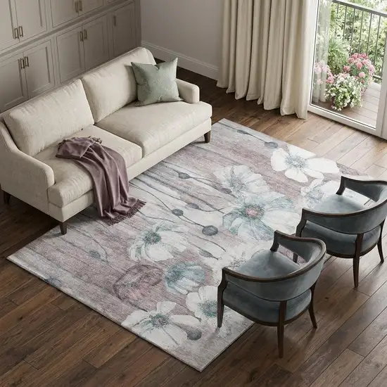 Teal Mauve And Ivory Floral Washable Area Rug With UV Protection Photo 1