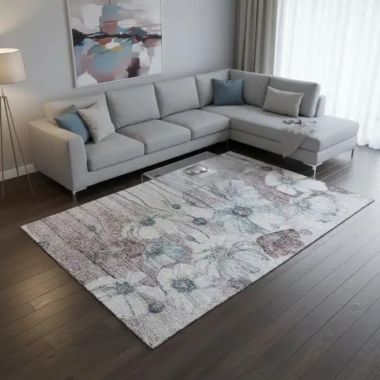 Teal Mauve And Ivory Floral Washable Area Rug With UV Protection Photo 1