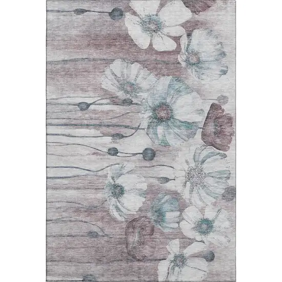 Teal Mauve And Ivory Floral Washable Area Rug With UV Protection Photo 2