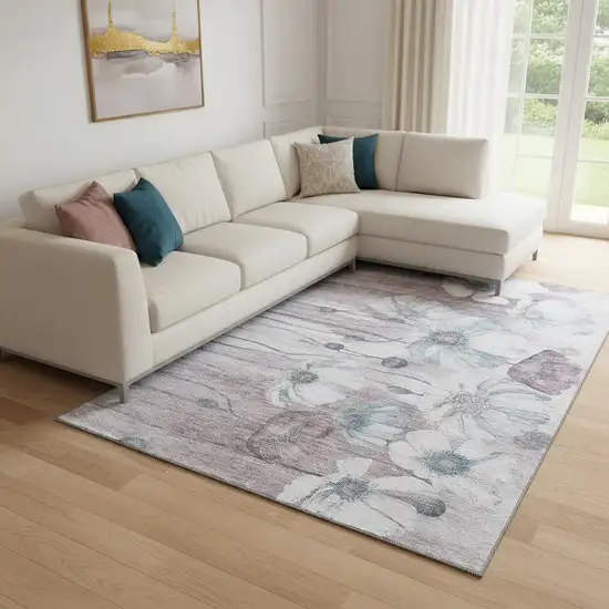 Teal Mauve And Ivory Floral Washable Area Rug With UV Protection Photo 1