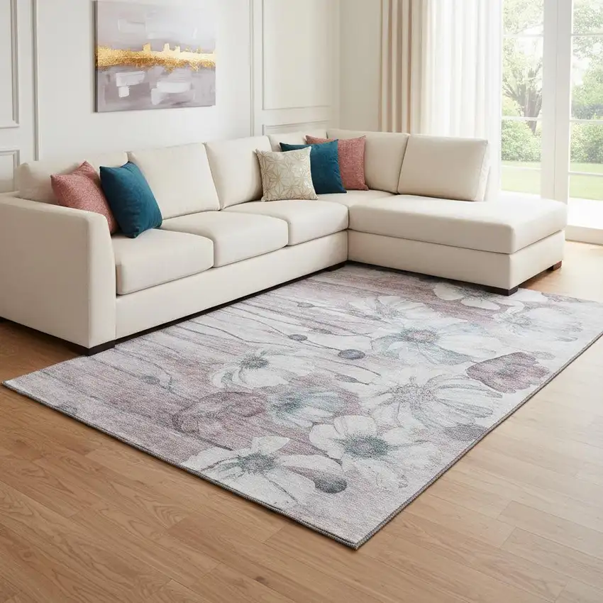 Teal Mauve And Ivory Floral Washable Area Rug With UV Protection Photo 1