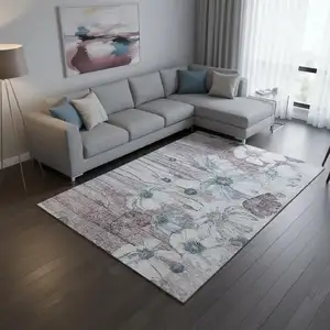 Photo of Teal Mauve And Ivory Floral Washable Area Rug With UV Protection