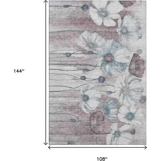 Teal Mauve And Ivory Floral Washable Area Rug With UV Protection Photo 3
