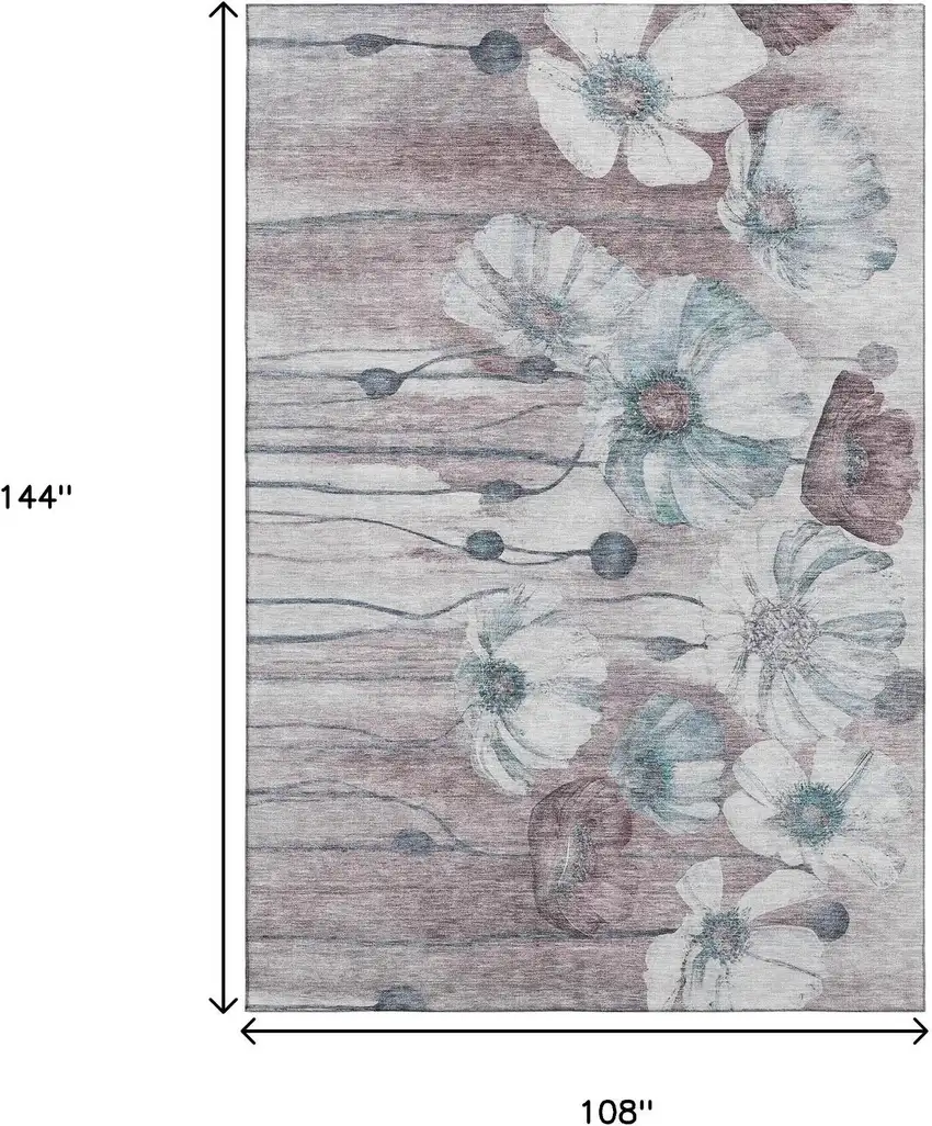 Teal Mauve And Ivory Floral Washable Area Rug With UV Protection Photo 3