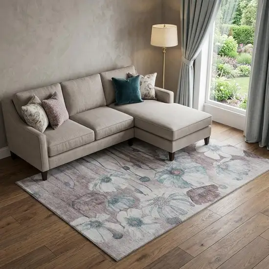 Teal Mauve And Ivory Floral Washable Area Rug With UV Protection Photo 1