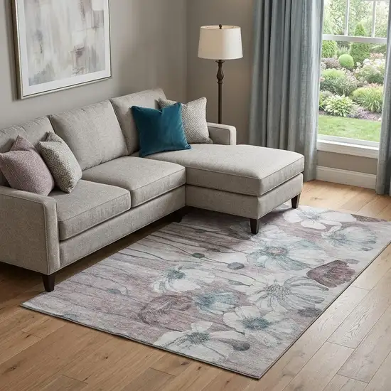 Teal Mauve And Ivory Floral Washable Area Rug With UV Protection Photo 1