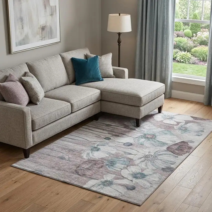 Teal Mauve And Ivory Floral Washable Area Rug With UV Protection Photo 1