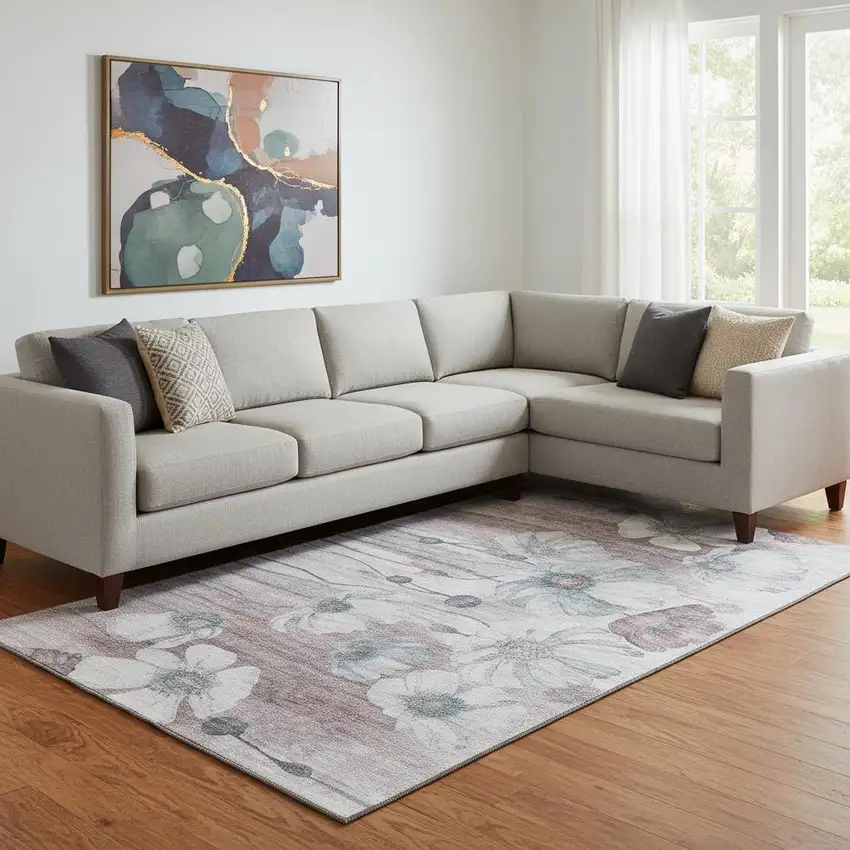 Teal Mauve And Ivory Floral Washable Area Rug With UV Protection Photo 1