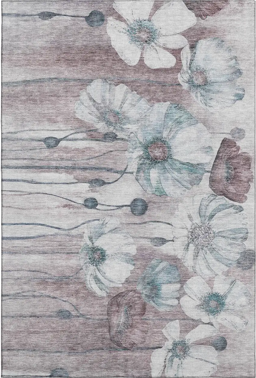 Teal Mauve And Ivory Floral Washable Area Rug With UV Protection Photo 2