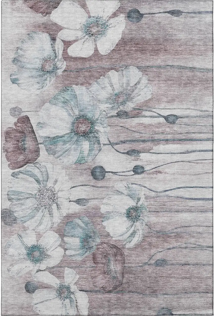 Teal Mauve And Ivory Floral Washable Area Rug With UV Protection Photo 4