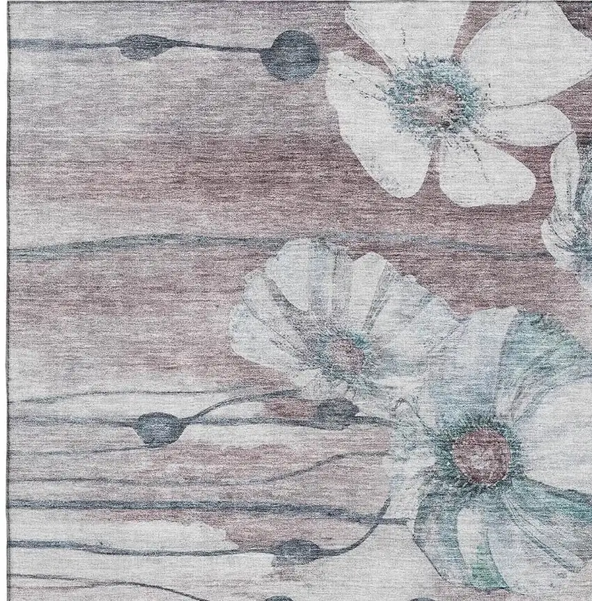 Teal Mauve And Ivory Floral Washable Area Rug With UV Protection Photo 5