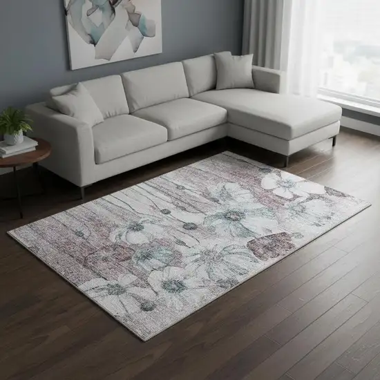 Teal Mauve And Ivory Floral Washable Area Rug With UV Protection Photo 1