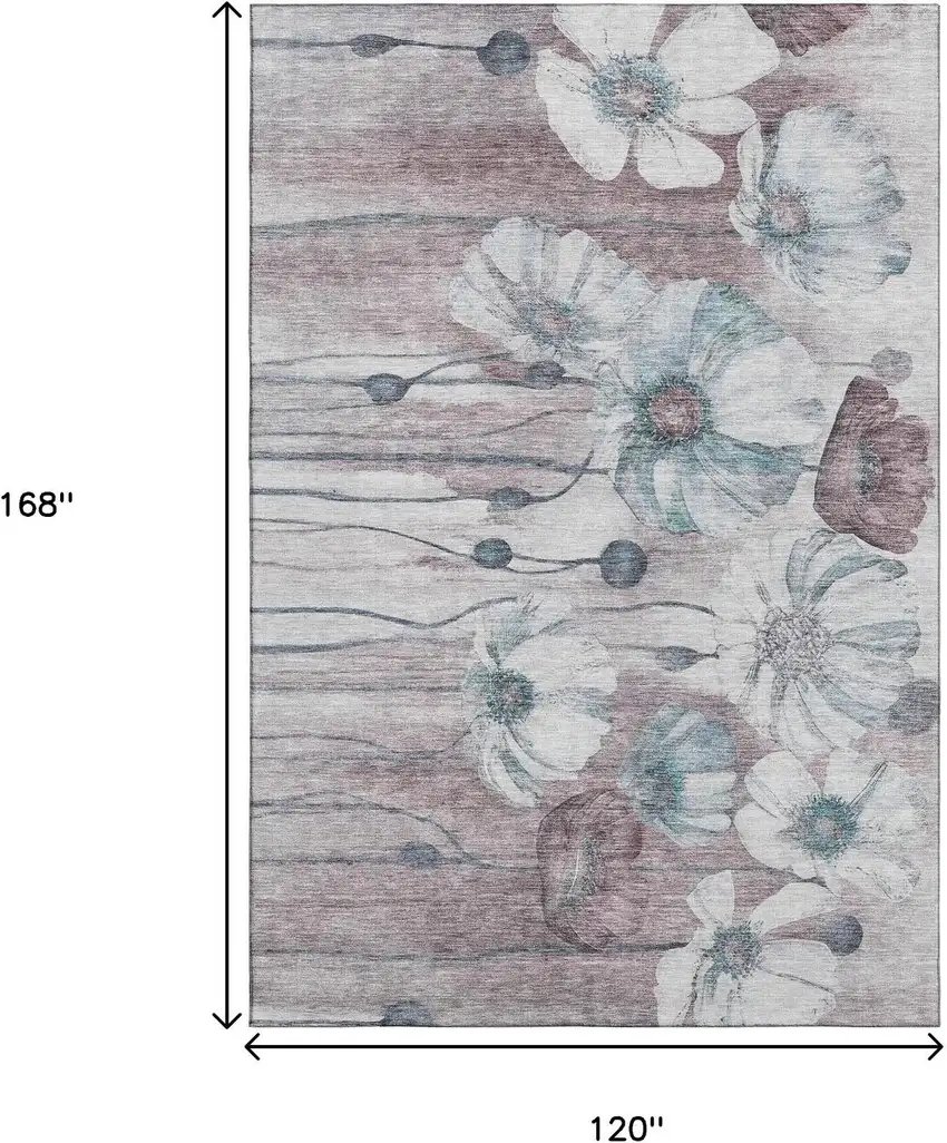 Teal Mauve And Ivory Floral Washable Area Rug With UV Protection Photo 3