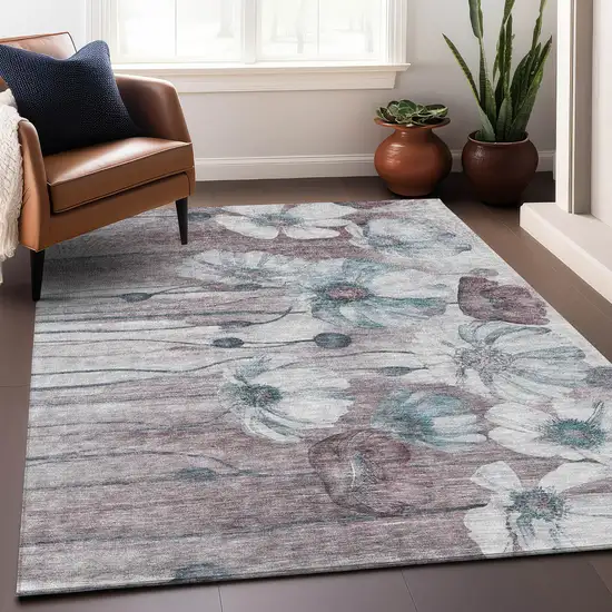 Teal Mauve And Ivory Floral Washable Area Rug With UV Protection Photo 7