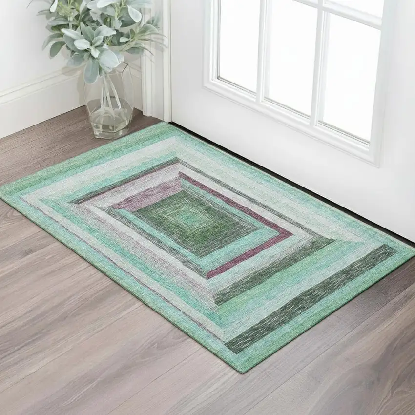Teal Mauve And Ivory Geometric Washable Area Rug With UV Protection Photo 2