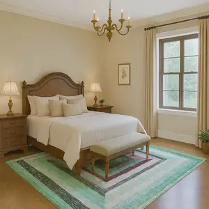 Photo of Teal Mauve And Ivory Geometric Washable Area Rug With UV Protection