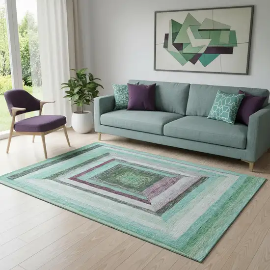 Teal Mauve And Ivory Geometric Washable Area Rug With UV Protection Photo 2