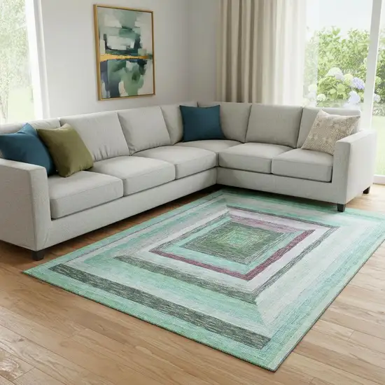 Teal Mauve And Ivory Geometric Washable Area Rug With UV Protection Photo 2