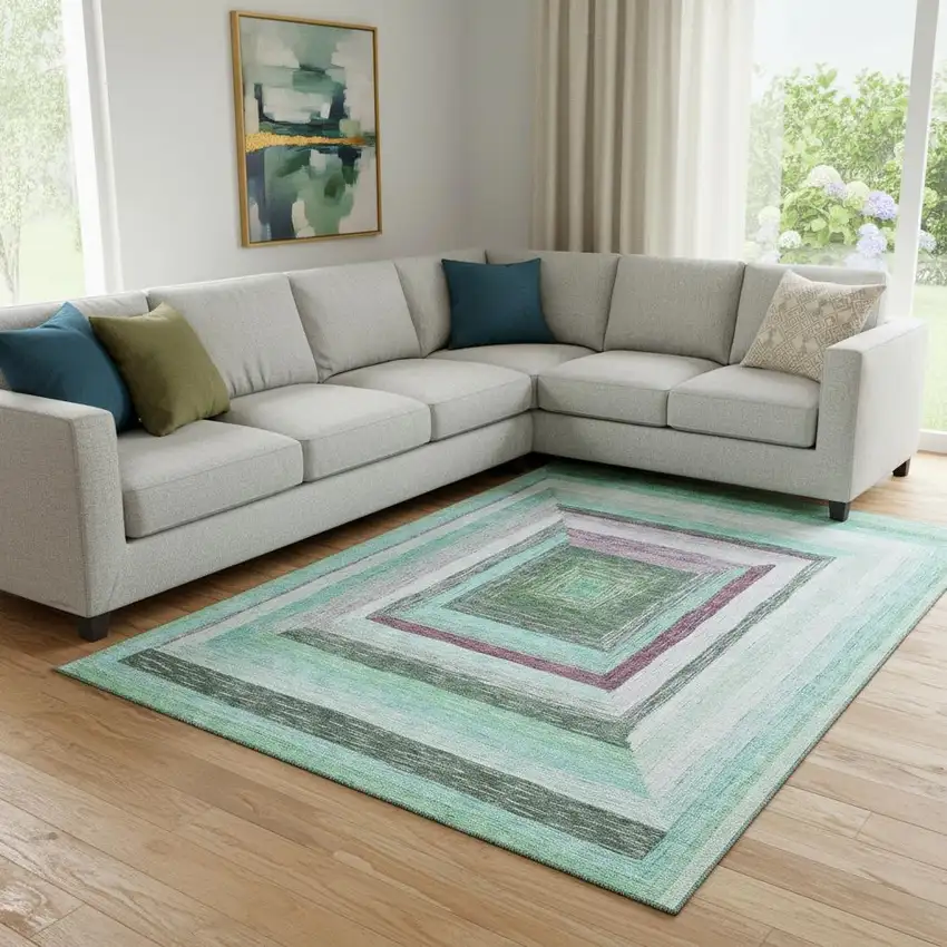 Teal Mauve And Ivory Geometric Washable Area Rug With UV Protection Photo 2