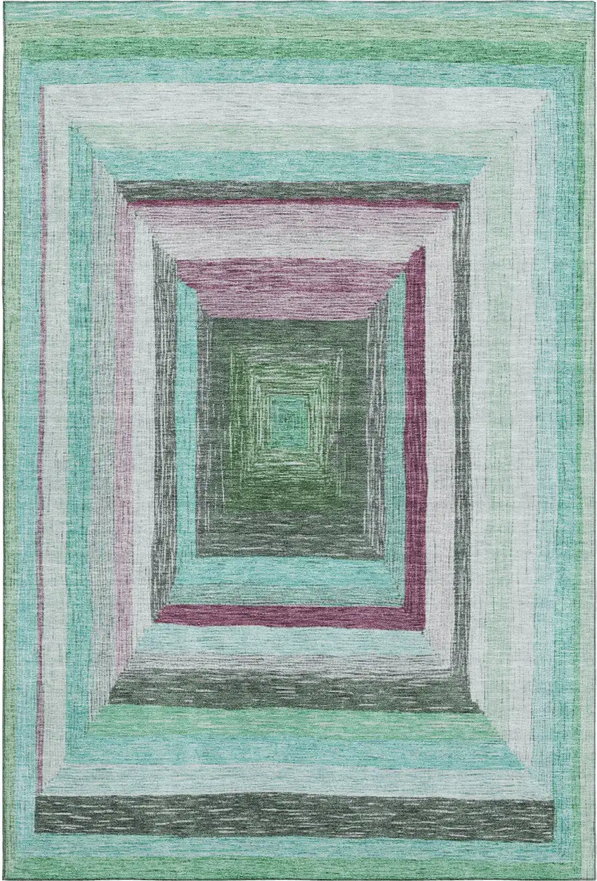 Teal Mauve And Ivory Geometric Washable Area Rug With UV Protection Photo 1