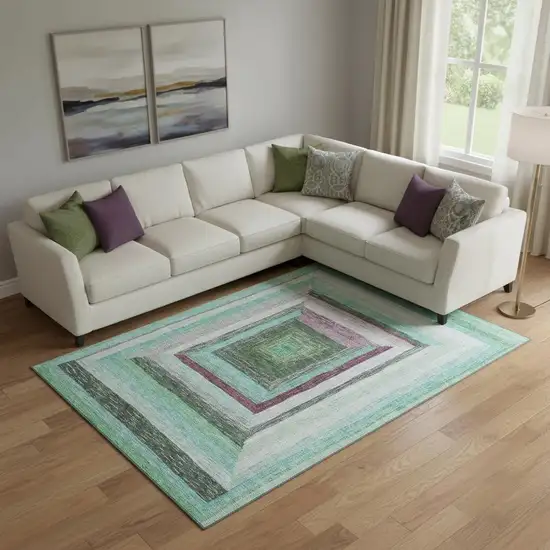 Teal Mauve And Ivory Geometric Washable Area Rug With UV Protection Photo 2