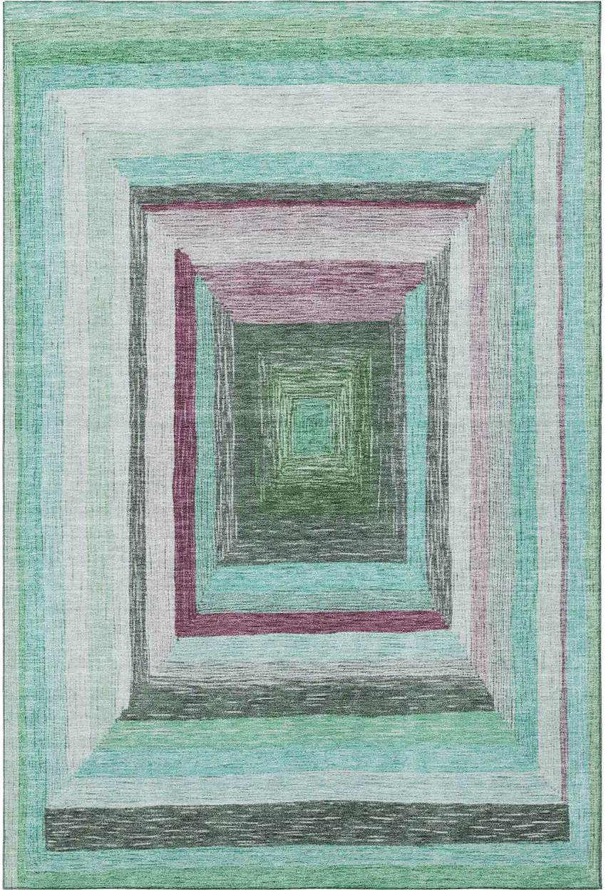 Teal Mauve And Ivory Geometric Washable Area Rug With UV Protection Photo 4