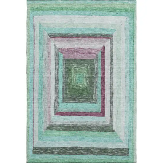 Teal Mauve And Ivory Geometric Washable Area Rug With UV Protection Photo 1