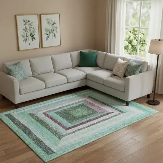 Teal Mauve And Ivory Geometric Washable Area Rug With UV Protection Photo 2
