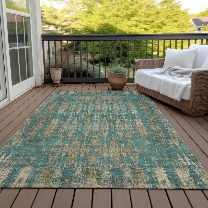 Teal Blue Taupe And Beige Moroccan Washable Indoor Outdoor Area Rug Photo 9