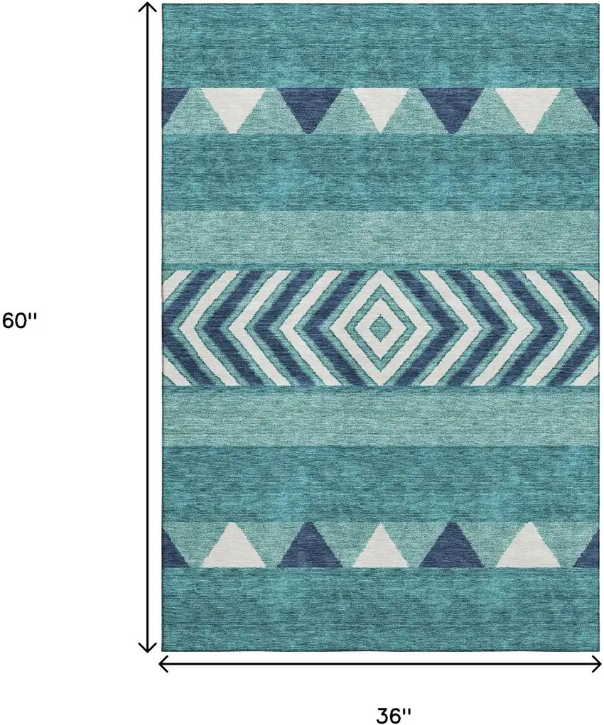Teal Navy Blue And Ivory Southwestern Washable Area Rug With UV Protection Photo 9