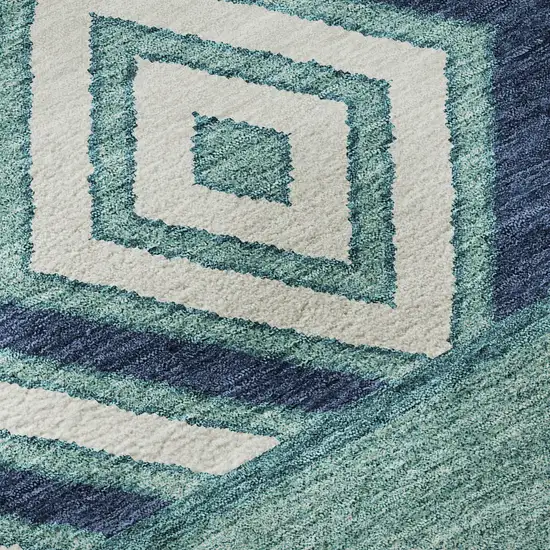 Teal Navy Blue And Ivory Southwestern Washable Area Rug With UV Protection Photo 8