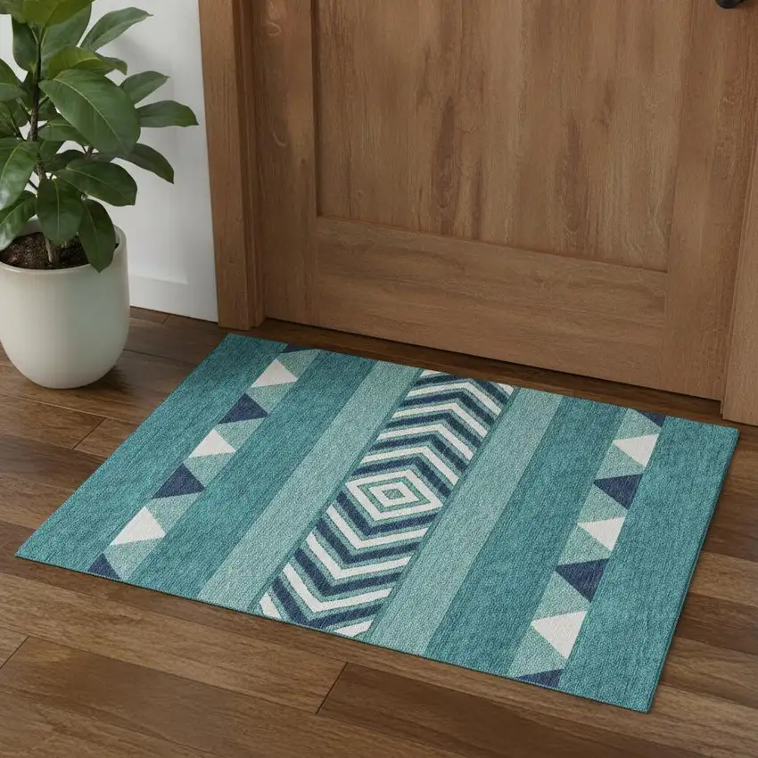 Teal Navy Blue And Ivory Southwestern Washable Area Rug With UV Protection Photo 1