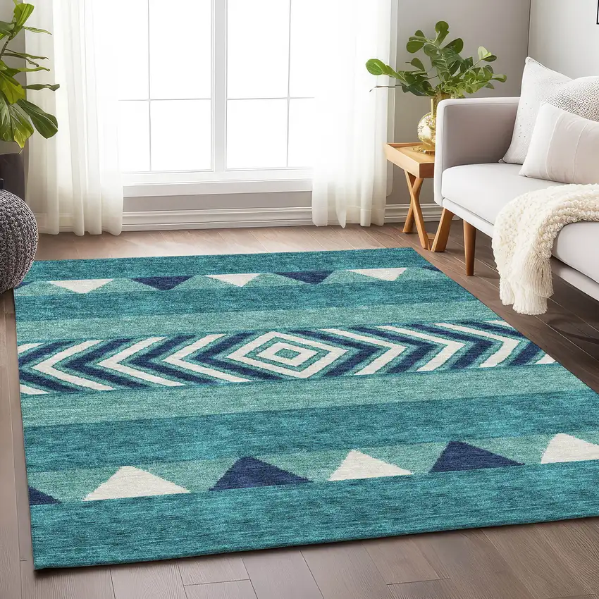Teal Navy Blue And Ivory Southwestern Washable Area Rug With UV Protection Photo 3