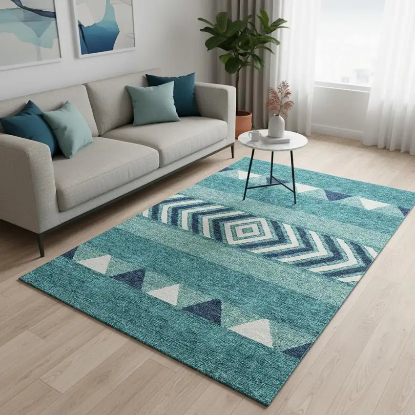 Teal Navy Blue And Ivory Southwestern Washable Area Rug With UV Protection Photo 2