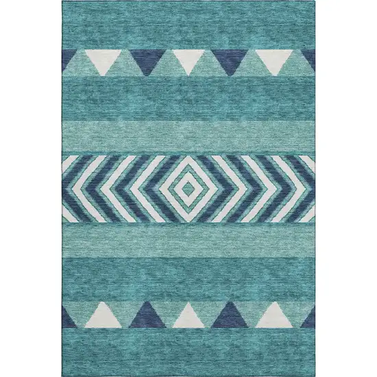 Teal Navy Blue And Ivory Southwestern Washable Area Rug With UV Protection Photo 1