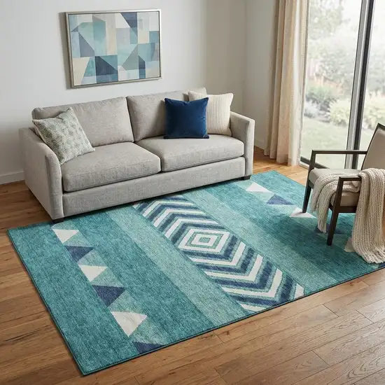 Teal Navy Blue And Ivory Southwestern Washable Area Rug With UV Protection Photo 1