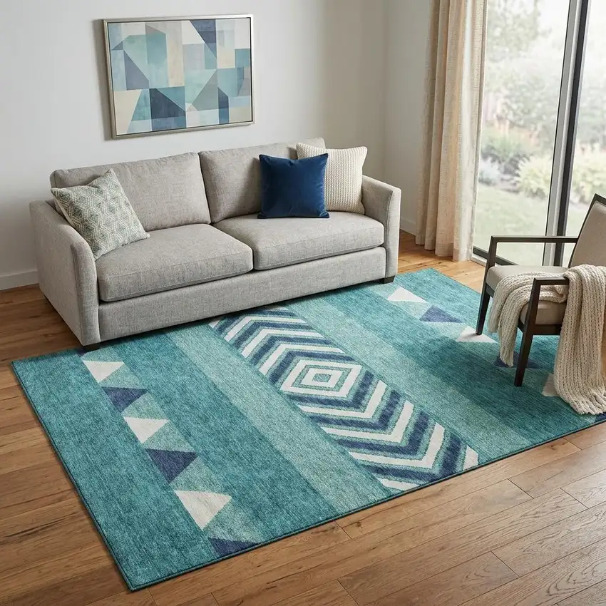 Teal Navy Blue And Ivory Southwestern Washable Area Rug With UV Protection Photo 1