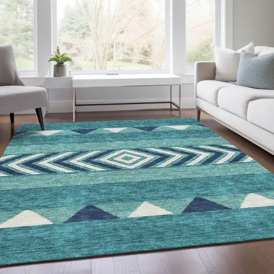 Teal Navy Blue And Ivory Southwestern Washable Area Rug With UV Protection Photo 5