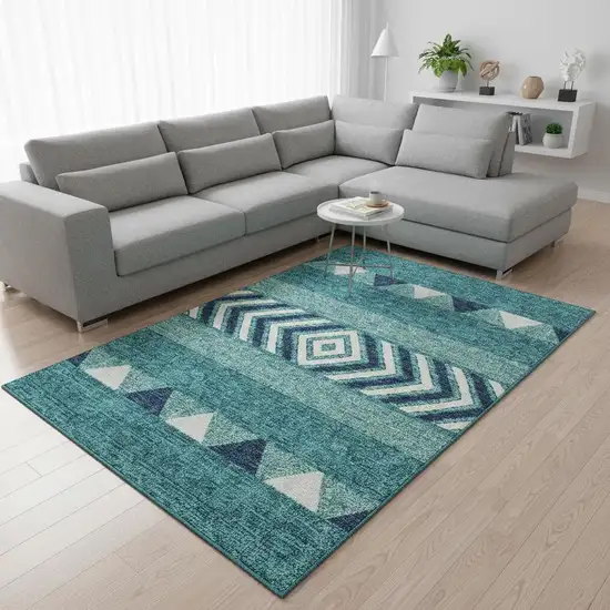 Teal Navy Blue And Ivory Southwestern Washable Area Rug With UV Protection Photo 2