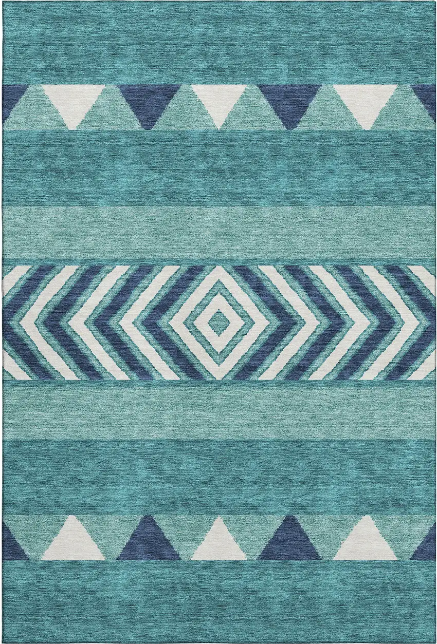 Teal Navy Blue And Ivory Southwestern Washable Area Rug With UV Protection Photo 1