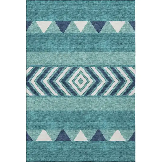 Teal Navy Blue And Ivory Southwestern Washable Area Rug With UV Protection Photo 3