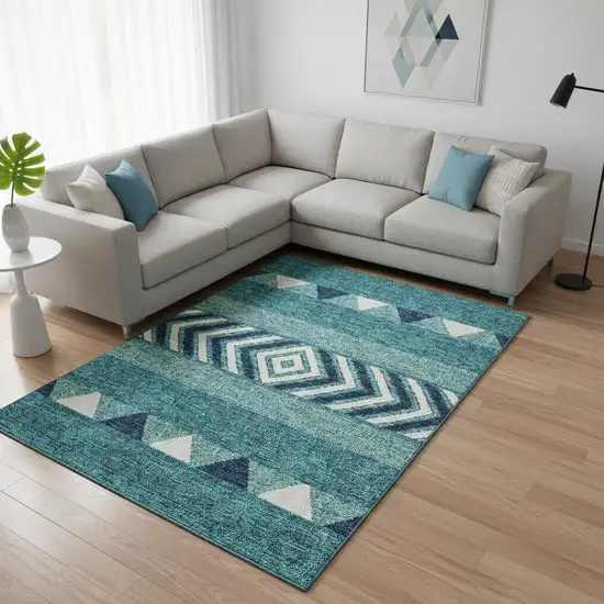 Teal Navy Blue And Ivory Southwestern Washable Area Rug With UV Protection Photo 2
