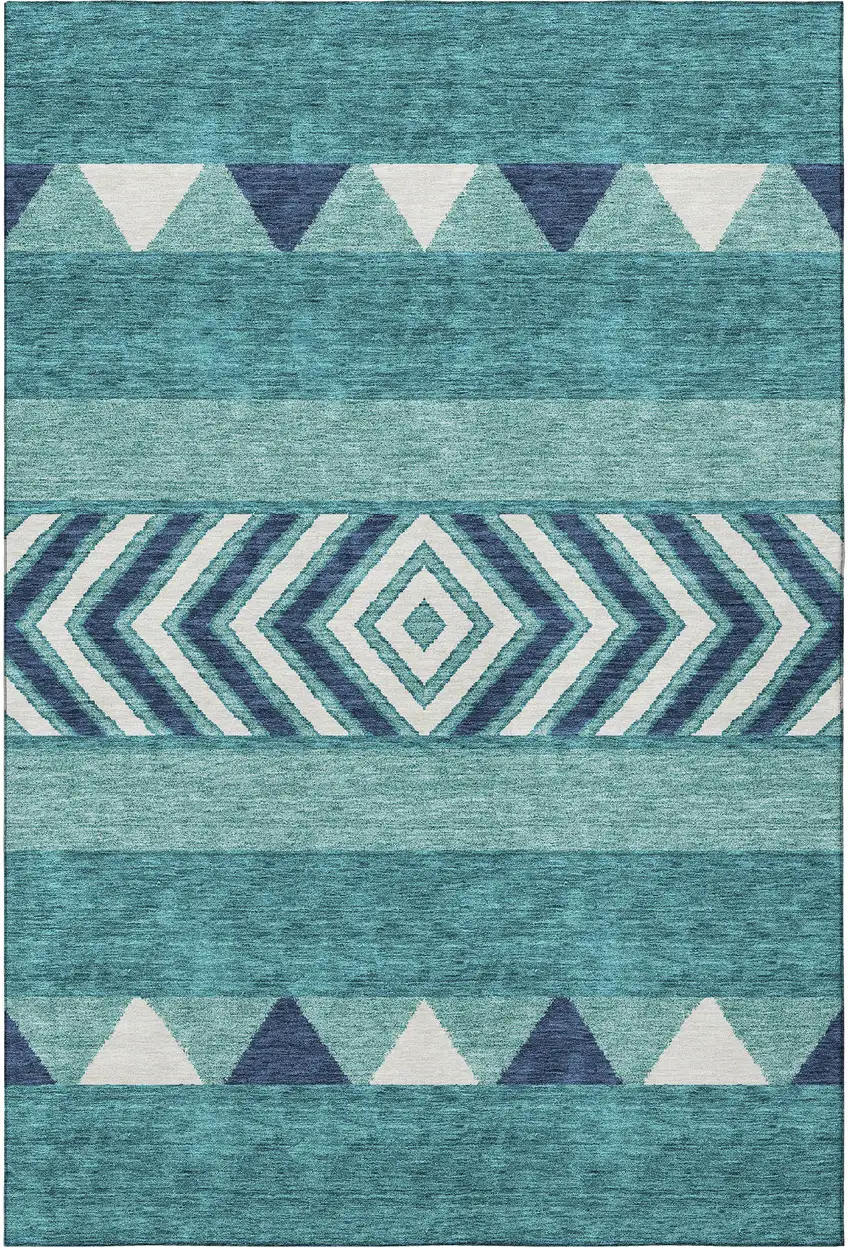 Teal Navy Blue And Ivory Southwestern Washable Area Rug With UV Protection Photo 3