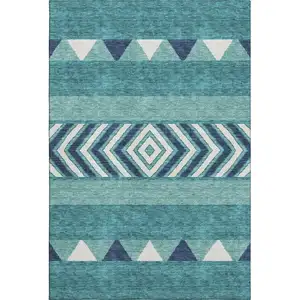 Photo of Teal Navy Blue And Ivory Southwestern Washable Area Rug With UV Protection